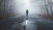 © Maria - Lonely woman walking in fog. Rural landscape with road in morning mist. Warm autumn colors. Dark mysterious background