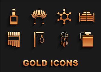 Sticker - Set Gallows, Saloon door, Canteen water bottle, Dream catcher with feathers, Pan flute, Hexagram sheriff, Tequila and Indian headdress icon. Vector