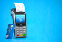 POS point of sale terminal for credit card payment on blue background.