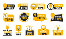 Quick Tips Badge Set. Quick Tips Logo With Light Bulb. Top Tips, Helpful Tricks, Tooltip, Advice And Idea For Business And Advertising. Vector Illustration.