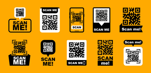 QR codes for smartphone. QR code with inscription scan me with smartphone. Scan me icon. Scan qr code icon for payment, mobile app and identification. Vector illustration