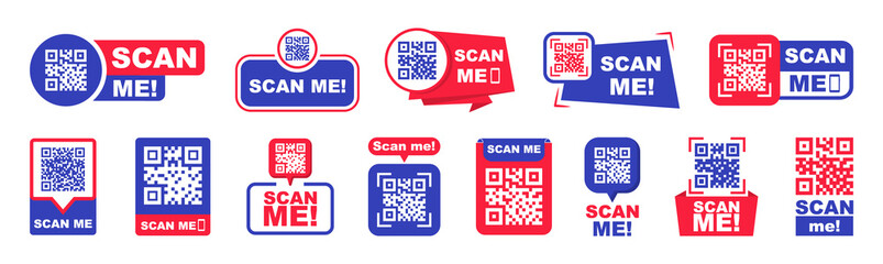 Set of QR codes with inscription scan me with smartphone. Scan qr code icon. Qr code for payment, mobile app and identification. Vector illustration.