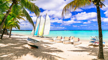 Water Sport Activities In Beautiful Tropical Beach Trou Aux Biches In Mauritius Island. Tropical Holidays