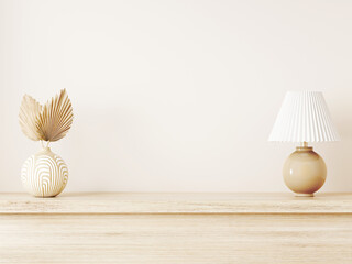 Poster - Living room interior wall mockup in neutral minimalist Japandi style with beige wooden console, dried palm leaves and lamp on empty warm white background. Close up view, 3d rendering, 3d illustration