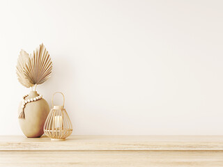 Poster - Living room wall mockup in light beige neutral Japandi style interior with dried palm leaves, wicker lantern and wooden beads garland on empty warm white background. 3d rendering, 3d illustration