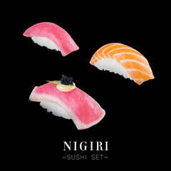 Wall Mural - Set of Japanese Nigiri sushi different pieces with salmon, tuna isolated on black background. Advertising menu banner with text space. Seafood variety 
