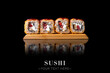Crunchy tempura Japanese sushi inside out roll with unagi eel, cream cheese, tomatoes. Served on wooden board. Asian dish on black background with reflection. Banner with Text space
