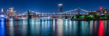Brooklyn Bridge Panorama At Night, New York City, USA