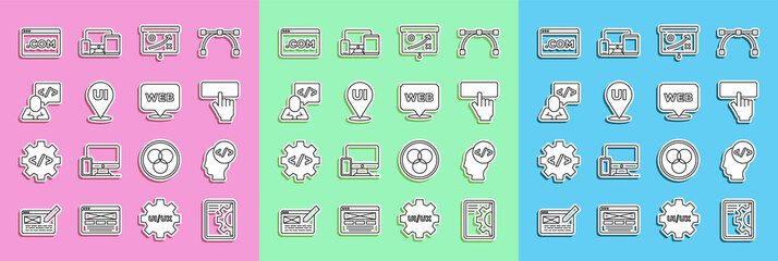 Set line Web development, Front end, Keyboard, Planning strategy concept, UI or UX design, and and graphic icon. Vector