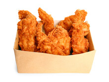 Tasty Deep Fried Chicken Wings In Paper Box On White Background