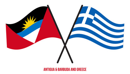 Antigua & Barbuda and Greece Flags Crossed & Waving Flat Style. Official Proportion. Correct Colors.