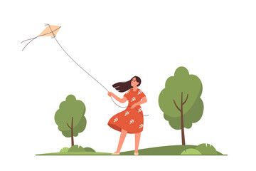 Wall Mural - Young woman flying a kite in a green park. Holiday Relax. Outdoor activity. Concept of freedom. Flat vector illustration.