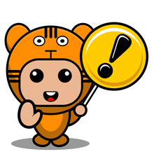 Vector Cartoon Character Cute Predatory Tiger Animal Mascot Costume Holding Warning Sign