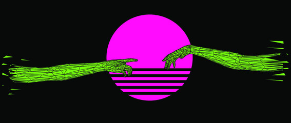 Aufkleber - Vector 3D model of hands going to touch together, reminiscent of Michelangelo's artwork. Cyberpunk and vaporwave style art collage.