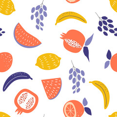 Wall Mural - vector seamless pattern with cute hand drawn various fruits (watermelon, bananas, lemons, grapes). trend illustration in flat style