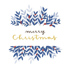 Wall Mural - Horizontal banner of blue leaves and red berries with Merry Christmas handwritten calligraphy