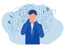 Man Suffers From Obsessive Thoughts; Headache; Unresolved Issues; Psychological Trauma; Depression.Mental Stress Panic Mind Disorder Illustration Flat Vector Illustration.