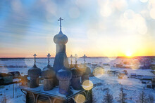 Wooden Church Winter Top View, Landscape Russian North Architecture