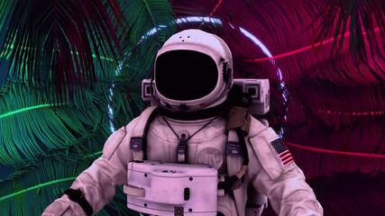 Wall Mural - astronaut in search of new planets in space. neon glowing lights. space background. seamless loop. e