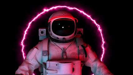 Wall Mural - astronaut in search of new planets in space. neon glowing lights. space background. seamless loop. e