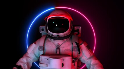 Wall Mural - astronaut in search of new planets in space. neon glowing lights. space background. seamless loop. e