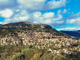 metsovo city greek winter tourist resort houses in winter sunny day