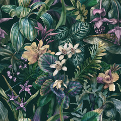  Tropical seamless pattern with exotic flowers. Floral background with leaves and flowers