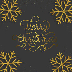 Wall Mural - Merry Christmas gold flourish hand drawn calligraphy lettering with 3d snowflake. Vector swash line typography for greeting card design of festive quote Christmas Holiday text.