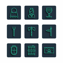 Canvas Print - Set line Shield, Wooden barrel, Medieval castle gate, goblet, axe, Garden pitchfork, Executioner mask and flag icon. Vector