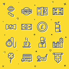 Sticker - Set line England flag on pennant, Big Ben tower, Golf bag with clubs, Pound sterling money, Bow tie, London underground and Coin pound icon. Vector