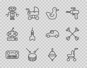 Sticker - Set line Toy piano, Baby stroller, Rubber duck, Drum with drum sticks, Robot toy, Dart arrow, Whirligig and Arrow sucker tip icon. Vector