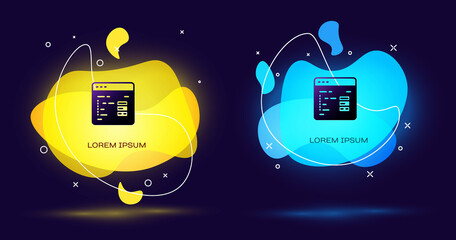 Black Software, web developer programming code icon isolated on black background. Javascript computer script random parts of program code. Abstract banner with liquid shapes. Vector