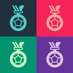 Sticker - Pop art Football or soccer medal icon isolated on color background. Vector