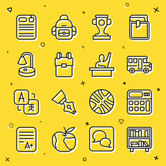 Sticker - Set line Shelf with books, Calculator, School Bus, Award cup, backpack, Table lamp, Dossier folder and Male kid raising hand icon. Vector