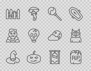 Sticker - Set line Witch hat, Tombstone with RIP written, Lollipop, Pumpkin, Garden fence wooden, Skull, Guillotine and Owl bird icon. Vector