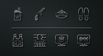 Sticker - Set line Walkie talkie, Bulletproof vest, Footsteps, Police badge, Suspect criminal, rubber baton, Telephone call 911 and cap with cockade icon. Vector