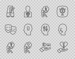 Wall Mural - Set line Head with question mark, Broken heart or divorce, Man graves funeral sorrow, Metronome pendulum, Solution to the problem, and icon. Vector