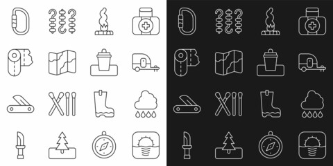 Sticker - Set line Sunrise, Cloud with rain, Rv Camping trailer, Campfire, and hiking on map, Paper towel roll, Carabiner and Trash can icon. Vector