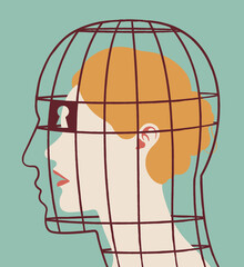 Vector profile portrait of abusive man represented as a birdcage in which a woman is trapped. Conceptual illustration depicting controlling relationship. 