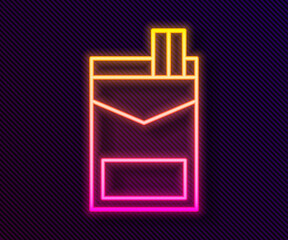 Sticker - Glowing neon line Cigarettes pack box icon isolated on black background. Cigarettes pack. Vector