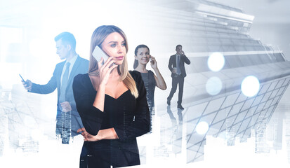 Poster - Businesswoman and teamwork using gadgets, buildings with bokeh lights