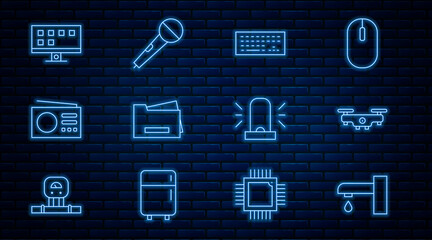 Wall Mural - Set line Water tap, Drone flying, Keyboard, Printer, Radio, Smart Tv, Flasher siren and Microphone icon. Vector