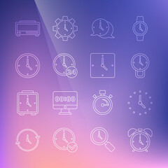 Sticker - Set line Alarm clock, Clock, speech bubble, 24 hours, Digital alarm and icon. Vector