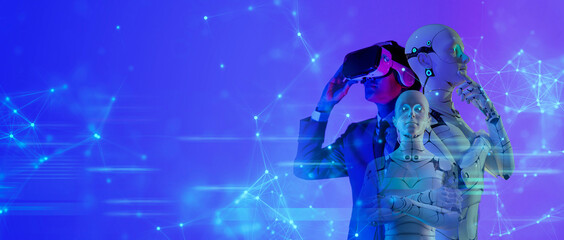 Metaverse digital cyber world technology, man with virtual reality VR goggle playing AR augmented reality 3D robot game entertainment and business meeting conference, futuristic lifestyle