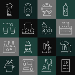 Set line Beer menu, Wooden beer mug, Pack of bottles, barrel on rack, Cold can, pong game, Glass and icon. Vector