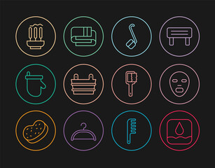 Wall Mural - Set line Water drop, Facial cosmetic mask, Sauna ladle, bucket, mittens, Incense sticks, brush and Towel stack icon. Vector