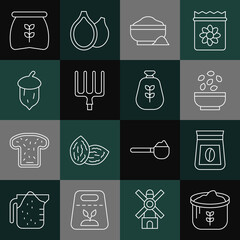 Sticker - Set line Bag of flour, coffee beans, Seeds in bowl, Flour, Garden pitchfork, Acorn, oak nut, seed, and icon. Vector