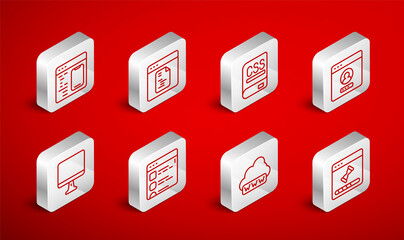Set line Loading data window, Software, Books about programming, Create account screen, Web development, Browser files and Computer monitor icon. Vector