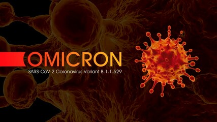 Wall Mural - SARS-CoV-2 Coronavirus variant Omicron B.1.1.529. Microscopic view of a infectious virus cell with text OMICRON. 3D endless loop animation