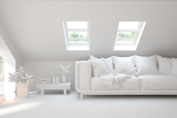 White minimalist living room with sofa. Scandinavian interior design. 3D illustration